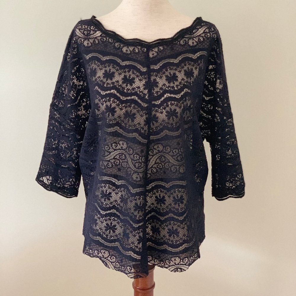 Free People Black Lace 3/4 Sleeve Top